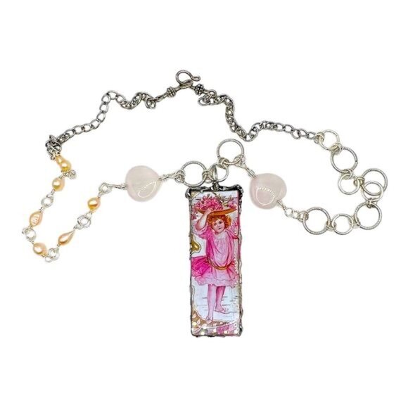 VINTG Valentines Day Card Tiny Canvas Pendant & Handmade W/ Pink Quartz & Pearls - Picture 3 of 17